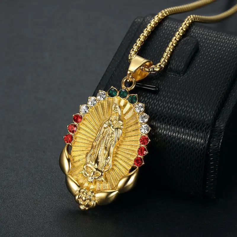 Golden Madonna Pendant Necklace with Colored Diamonds for Women - Image 3