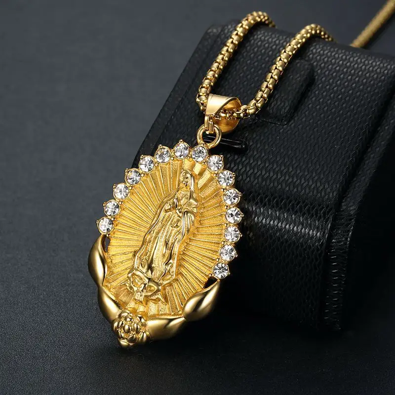 Golden Madonna Pendant Necklace with Colored Diamonds for Women - Image 4