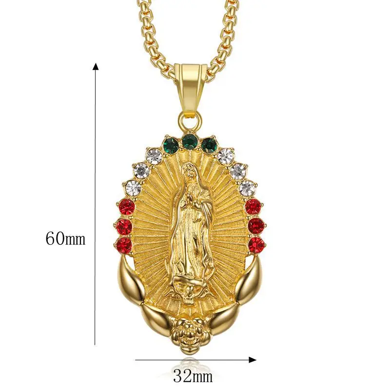 Golden Madonna Pendant Necklace with Colored Diamonds for Women - Image 5