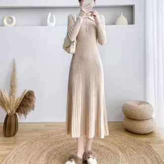 Women Knitted Pleated Long Sleeve Dress Beige Winter Slim Fit