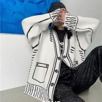 Women Loose Knitted Cardigan Black Winter Graffiti Style