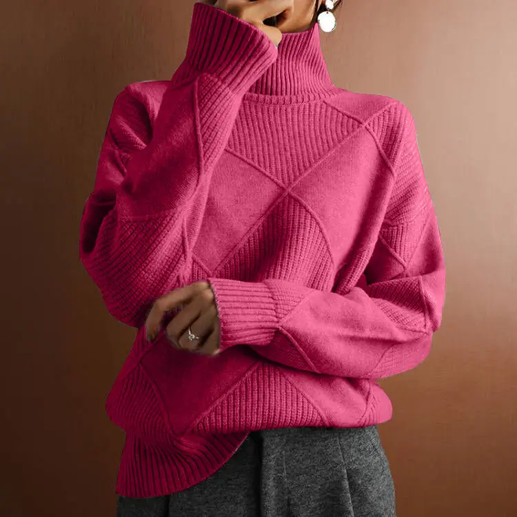 Women Pink Rhombus Turtleneck Knit Sweater Loose Fit