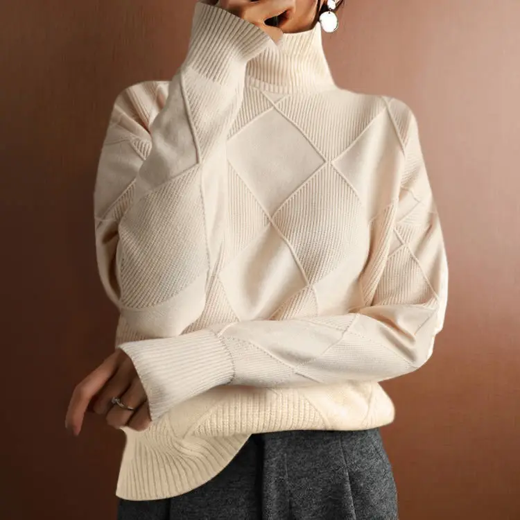 Women Pink Rhombus Turtleneck Knit Sweater Loose Fit - Image 2