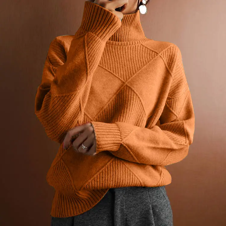 Women Pink Rhombus Turtleneck Knit Sweater Loose Fit - Image 3