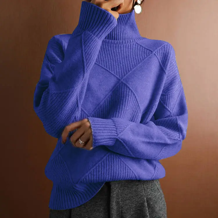 Women Pink Rhombus Turtleneck Knit Sweater Loose Fit - Image 4