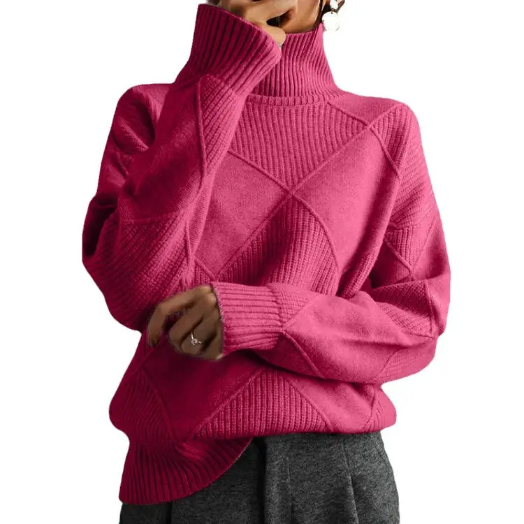 Women Pink Rhombus Turtleneck Knit Sweater Loose Fit - Image 5