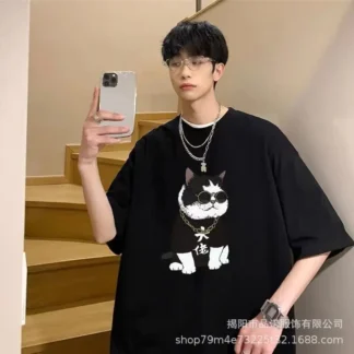 Men Loose Fit Black Cat Graphic T-Shirt Summer