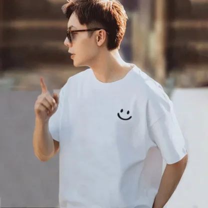 Men White Cotton Smile T-Shirt Loose Fit Summer