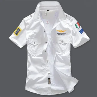 Men White Cotton Short Sleeve Shirt with Embroidered Patches