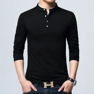 Men Cotton Stand Collar Long Sleeve T-Shirt Black