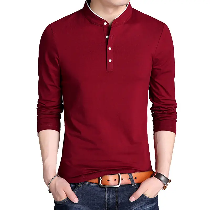 Men Cotton Stand Collar Long Sleeve T-Shirt Black - Image 5