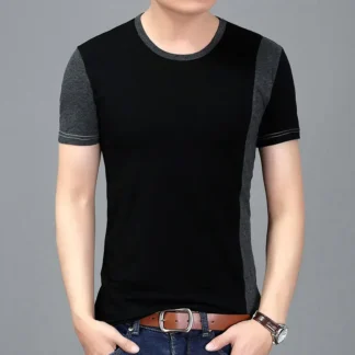 Men Cotton Round Neck T-Shirt Black Splicing Short Sleeve