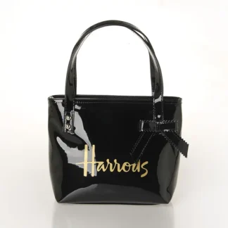 Black Glossy PVC Jelly Handbag with Gold Logo & Bow