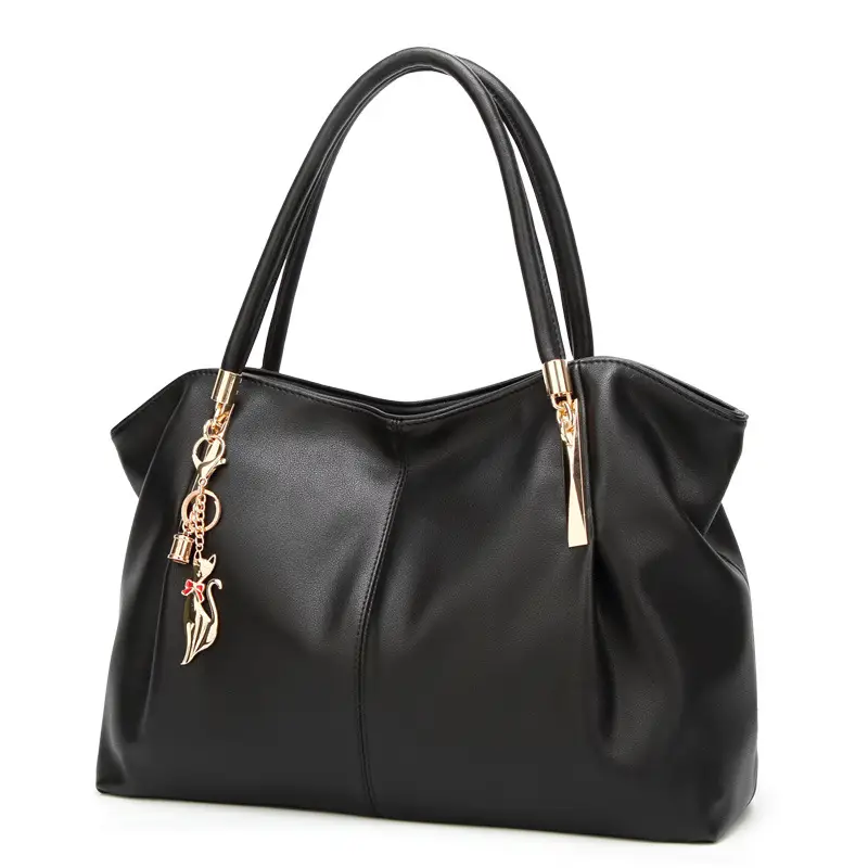 Black Shoulder Bag with Gold Hardware & Cat Charm - Image 2