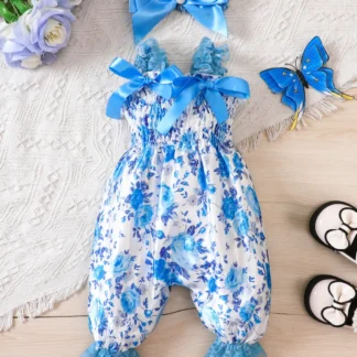 Blue Floral Jumpsuit for Girls with Bow & Lace Trim