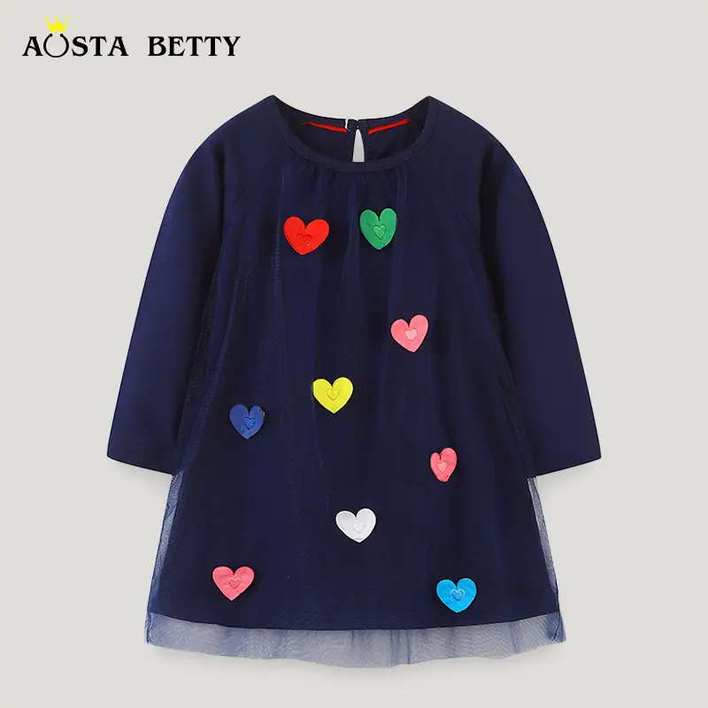 Princess Dress for Girls Navy Blue Hearts Long Sleeve