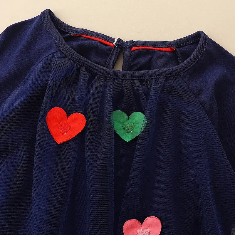 Princess Dress for Girls Navy Blue Hearts Long Sleeve - Image 3