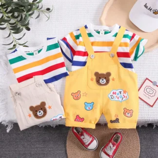 Kids Rainbow Bear Suspenders Suit 1-3Yr Summer Wear
