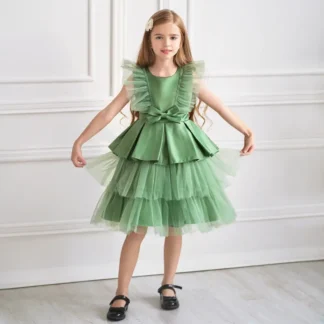 Green Tulle Ruffled Dress for Girls Wedding Party Wear