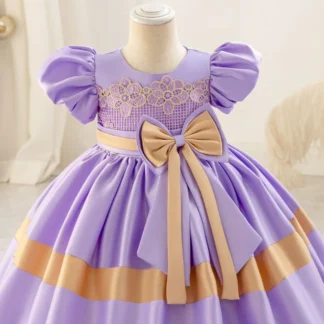 Purple Satin Princess Dress for Girls 3-5 Years with Gold Accents