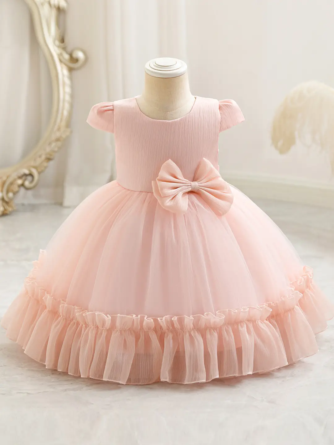Pink Princess Bow Ruffled Skirt Dress for Kids - Image 2