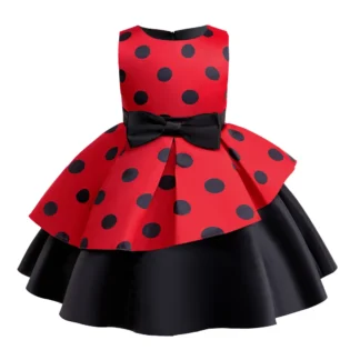 Red Black Polka Dot Bow Dress for Girls