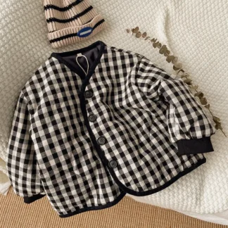 Kids Plaid Padded Jacket Black White 80cm
