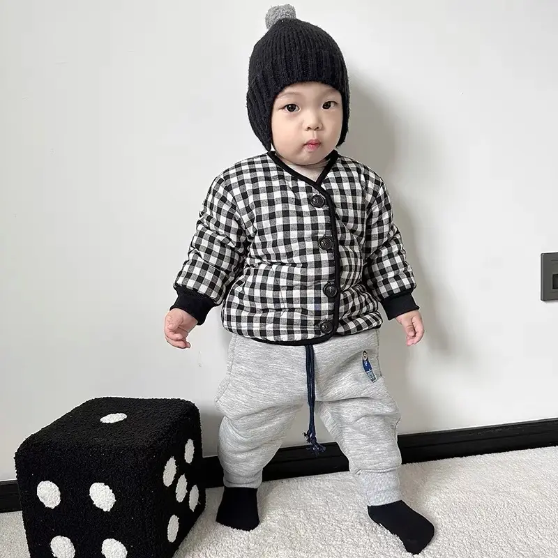 Kids Plaid Padded Jacket Black White 80cm - Image 3