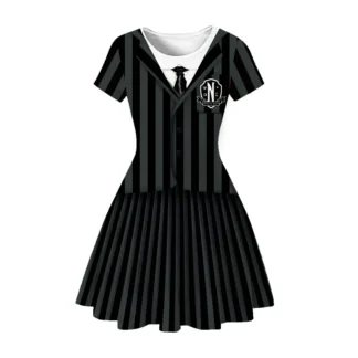 Black Striped 3D Printed Girls Dress for Home Wear