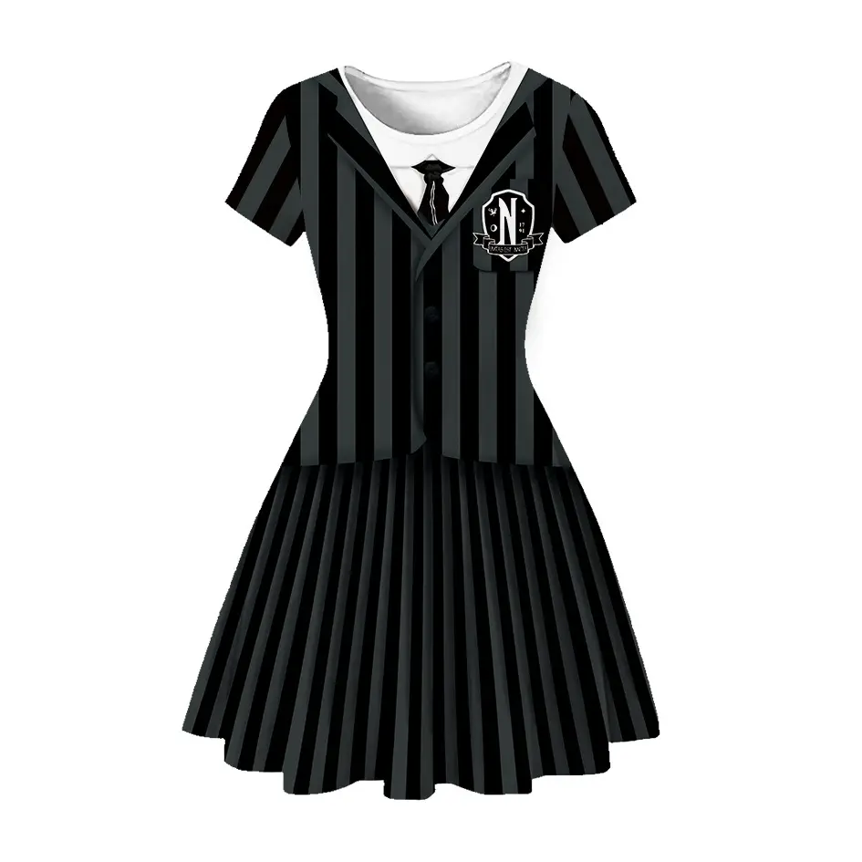 Black Striped 3D Printed Girls Dress for Home Wear