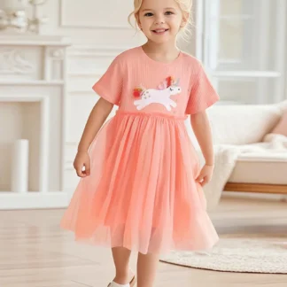 Little Girl Unicorn Tulle Dress Peach Summer Wear