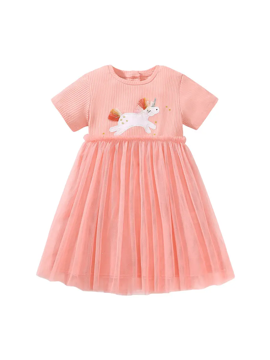 Little Girl Unicorn Tulle Dress Peach Summer Wear - Image 5