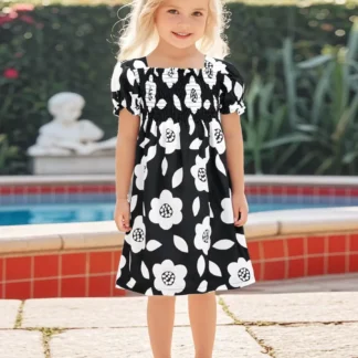 Girls Black White Floral Summer Dress Cotton Smocked Bodice