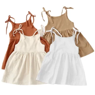 Lace-Up Dress for Kids, White Beige Terracotta Khaki, Flared Skirt, Two Pockets