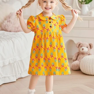 Yellow Floral Doll Dress for Girls Summer Wear