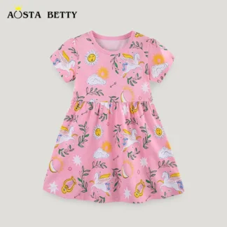Pink Unicorn Print Kids Dress for Summer