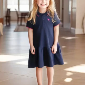 Navy Blue Polo Dress for Girls with Pink Dinosaur Embroidery