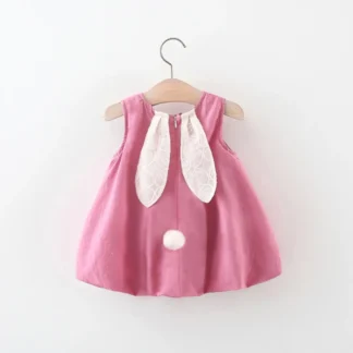 Pink Rabbit Ears Dress for Girls with Lace & Tail