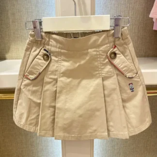 Khaki Pleated Kids Skirt with Bear Embroidery
