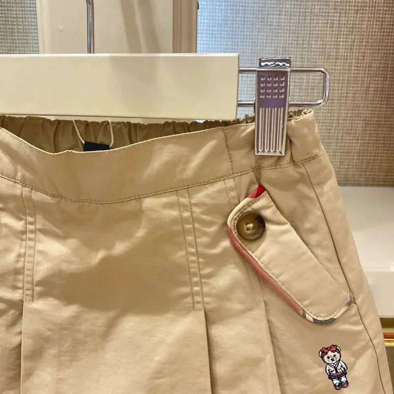 Khaki Pleated Kids Skirt with Bear Embroidery - Image 2