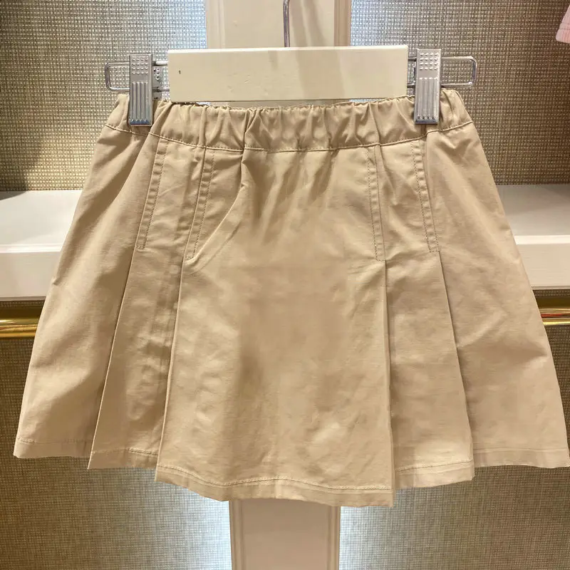 Khaki Pleated Kids Skirt with Bear Embroidery - Image 3