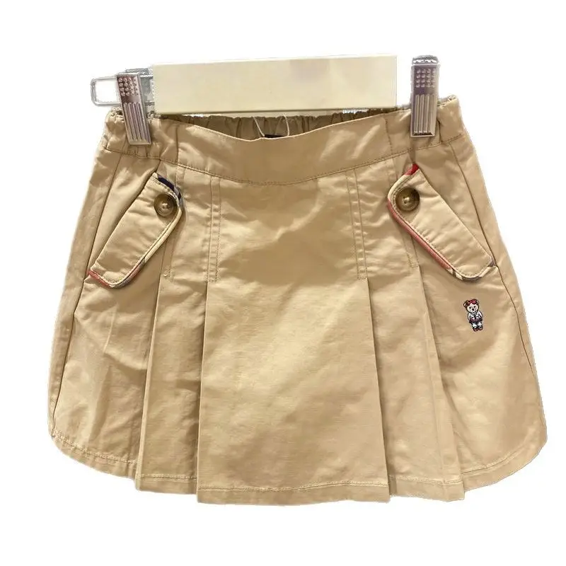 Khaki Pleated Kids Skirt with Bear Embroidery - Image 5