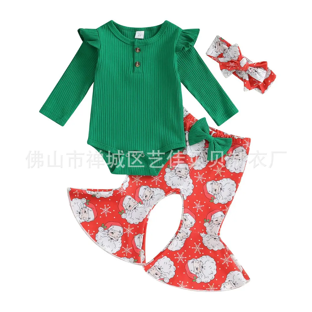 Christmas Santa Print Ribbed Romper Set for Kids - Image 4