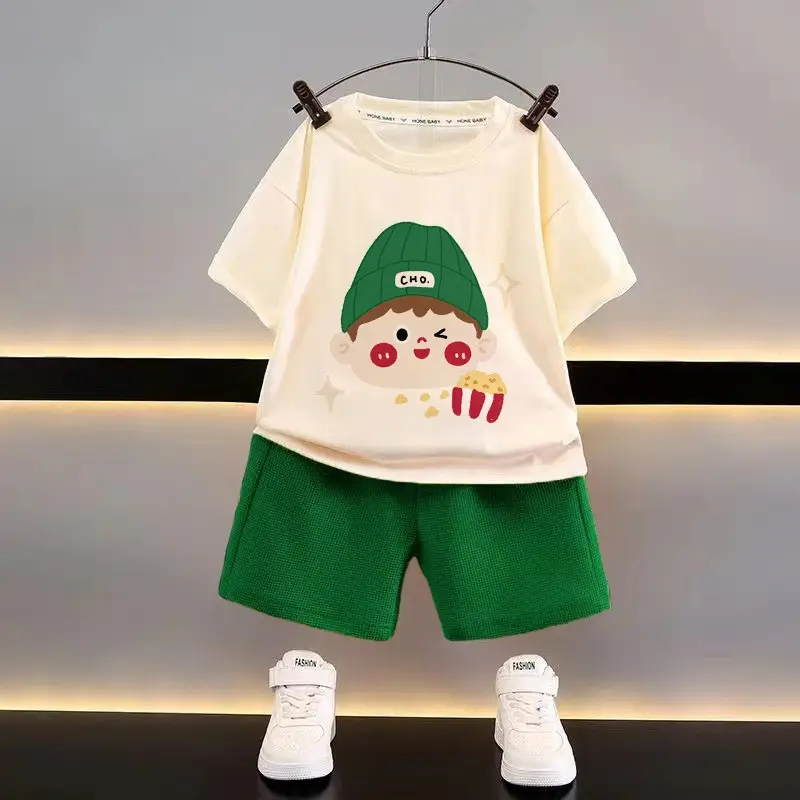 Kids Cotton Bear Print Shorts Top Set Yellow - Image 4