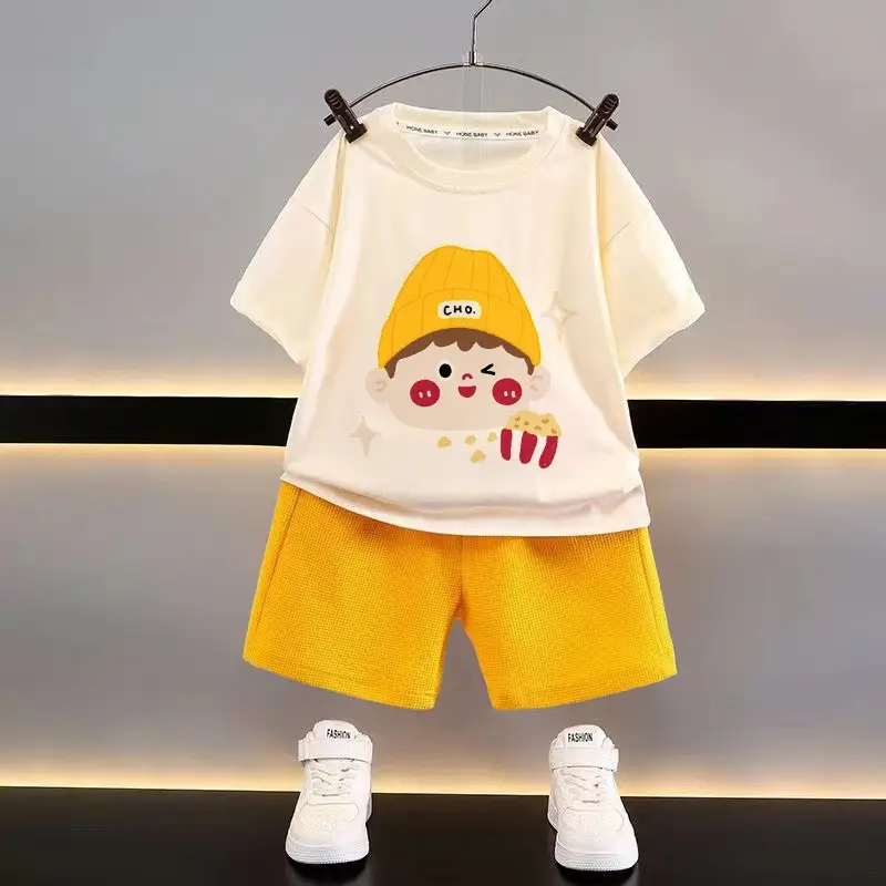 Kids Cotton Bear Graphic Shorts Set Yellow - Image 2