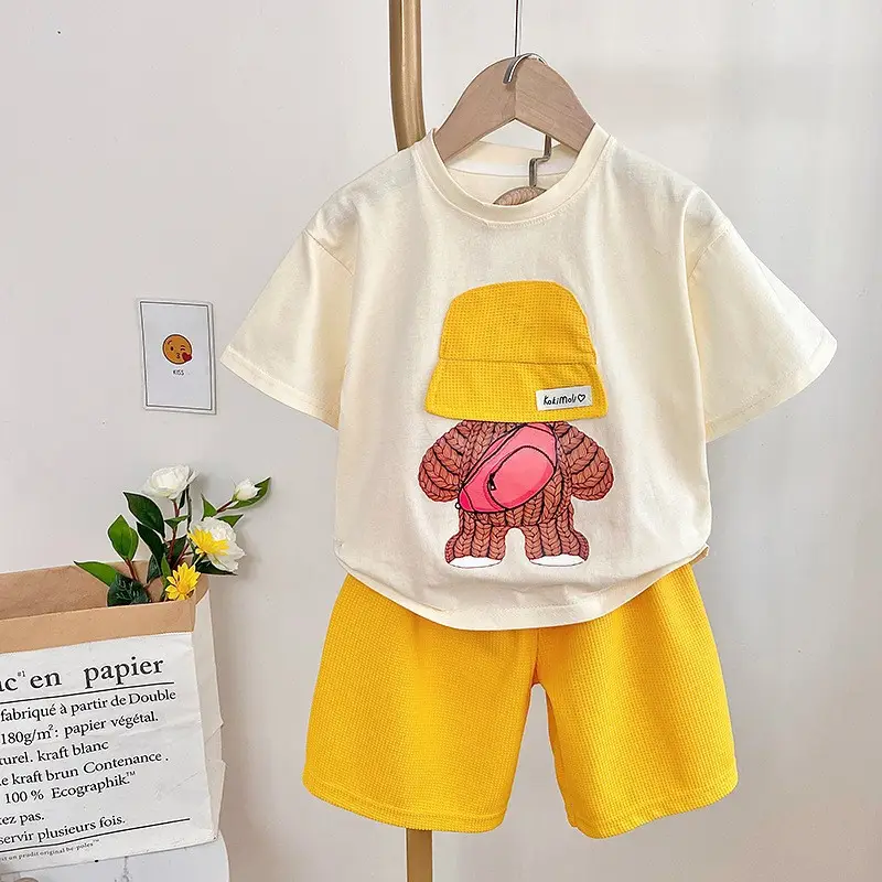 Kids Bear Print Shorts Set Yellow White Summer Casual Wear