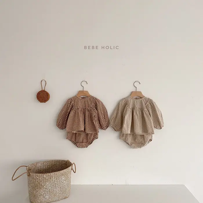 Baby Plaid Bubble Shorts Set Khaki Summer Wear - Image 3