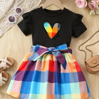 Kids Rainbow Heart Love Top & Plaid Skirt Set