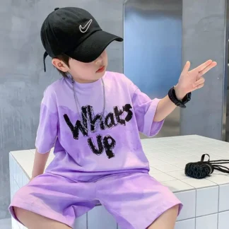 Purple Graphic Kids T-Shirt & Shorts Set for Boys Girls 3-10Y