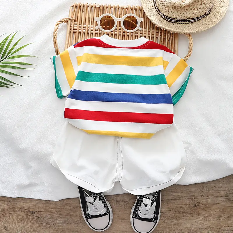 Kids Striped Dinosaur Shorts Set White - Image 2